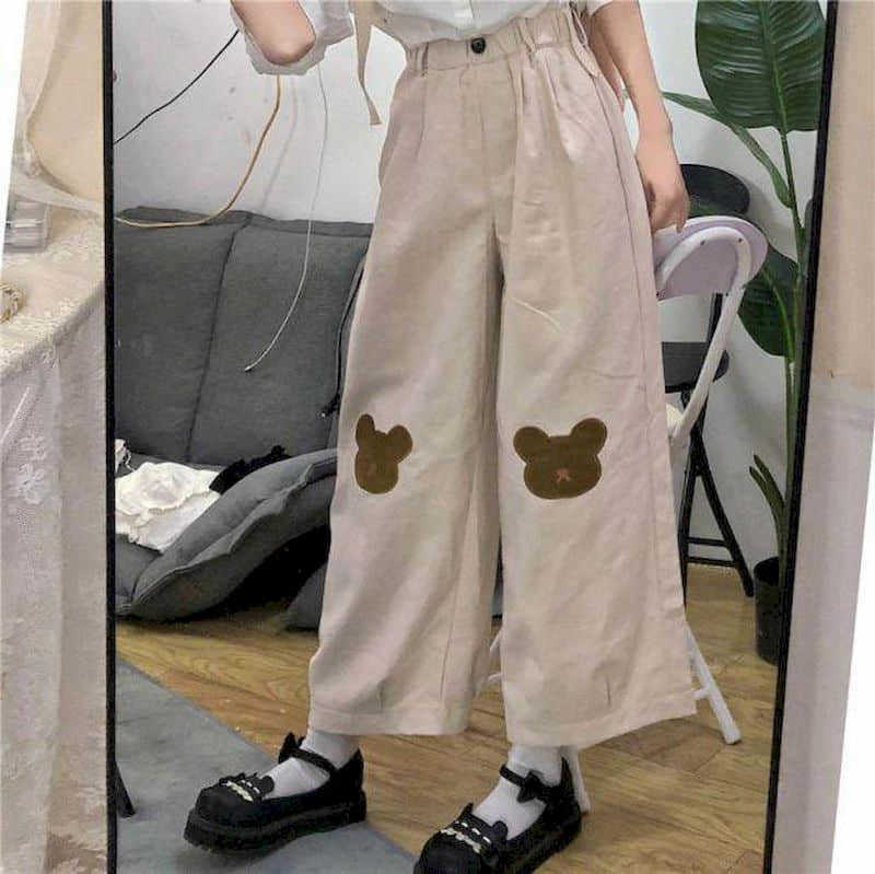 Cute bear wide-leg pants women prep summer Korean college style loose wild straight nine points casual student 210526