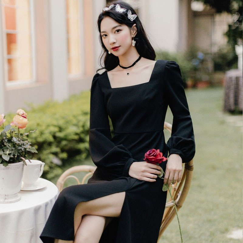 French Retro Chiffon Dress Women Black Square Collar Temperament Puff Long Sleeves Waist-length Clothing for Ladies 13234 210427