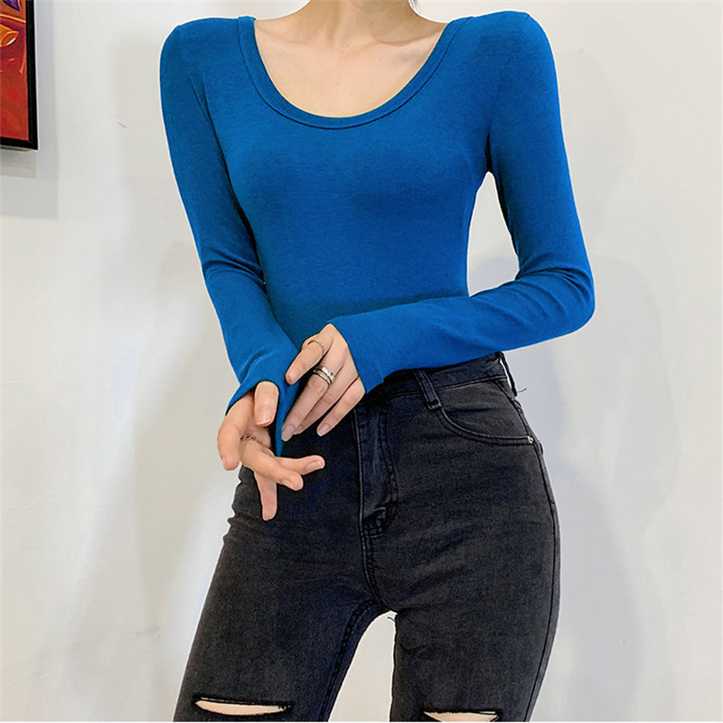 Female All Match Solid Basic Women Stylish O-Neck Slim Brief Tops Full Sleeves Plus Size T-Shirts 7 Colors 210421