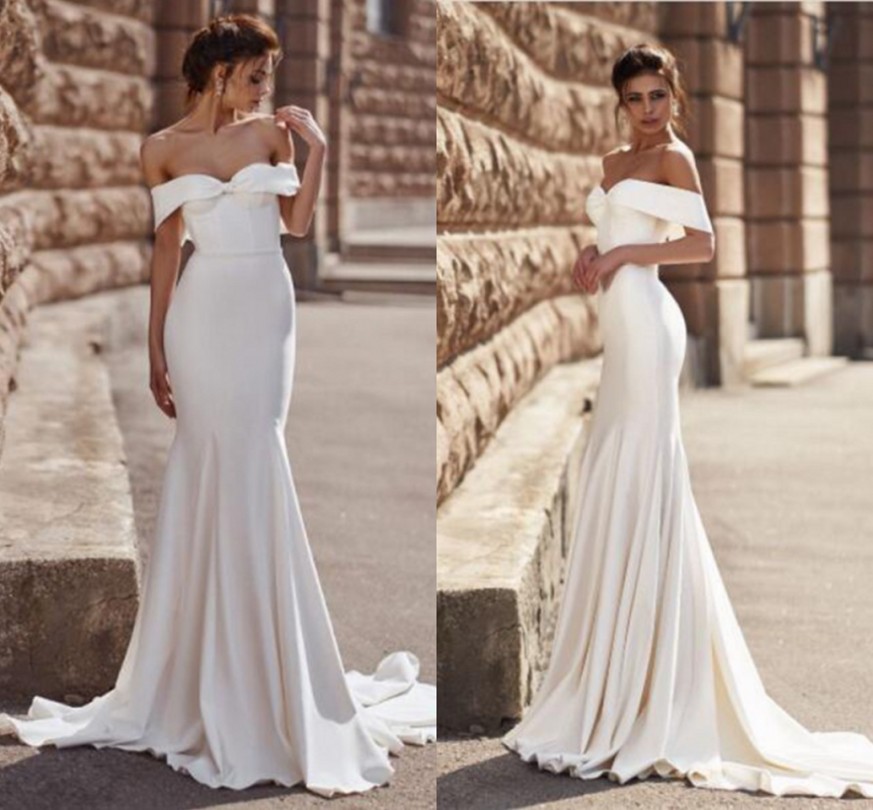 Ivory Mermaid Satin Bridal Gown Sweetheart Off The Shoulder Short Sleeves Wedding Dresses Sexy Backless Brides Dress Vestido De Noiva