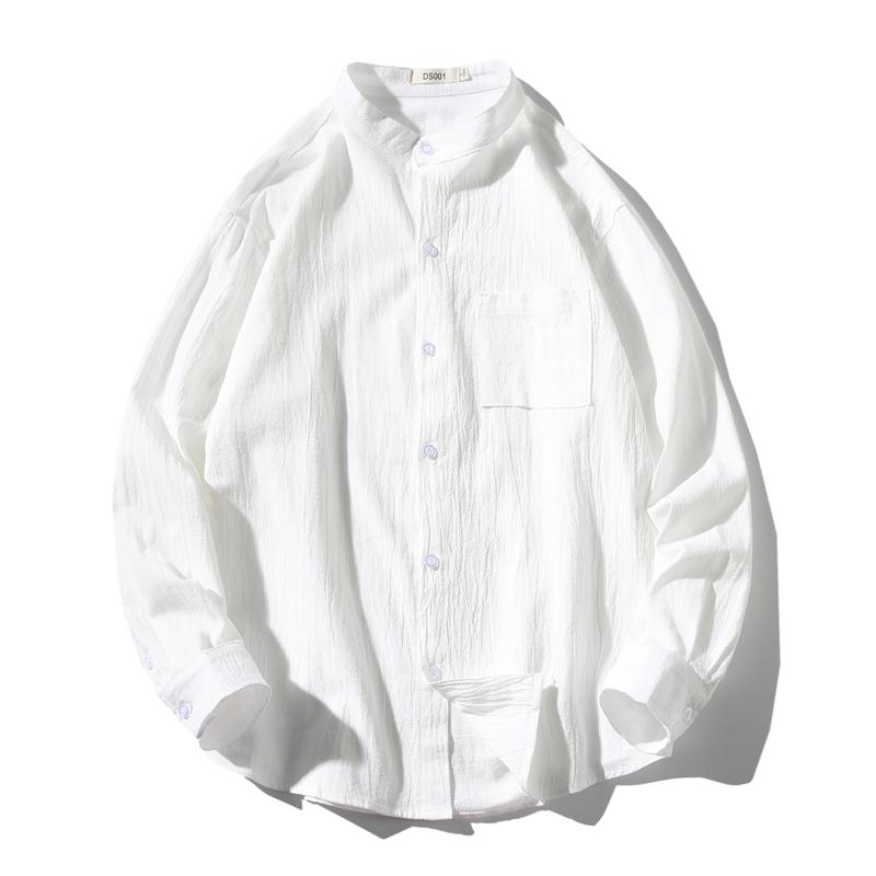 Fashion Cotton Linen Stand-up Collar Shirt For Men Autumn Loose Thin Harajuku Long Sleeve Solid Color Plus Size Top Male Men's Casual Shirts