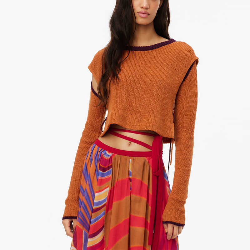 Za Sweater Women Long Sleeve Arm Warmers Knit Top Chic Side Tie Side Vents Woman Vintage O Neck Pullover Slim Knit Sweaters 210602, As picture 
Za Sweater Women Long Sleeve Arm Warmers Knit Top Chic Side Tie Side Vents Woman Vintage O Neck Pullover Slim Knit Sweaters 210602, As picture