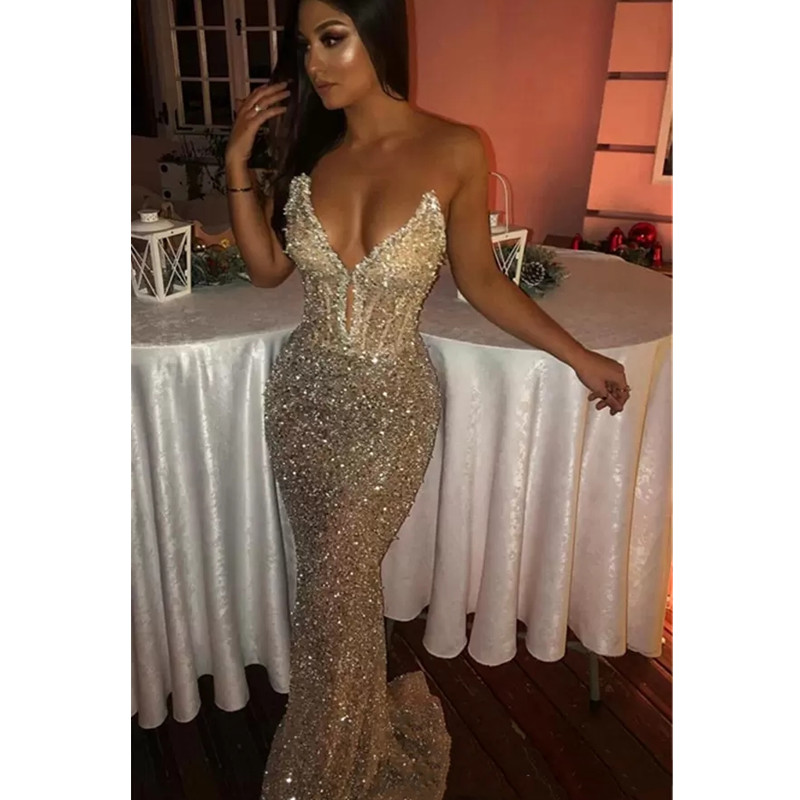 Sequins Shiny Light Champagne Prom Dresses Sexy Bling Sweetheart Mermaid Sleeveless Long Sweep Train Deep V Neck Evening Gowns