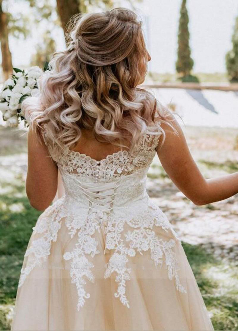 Country Garden Champagne A Line Wedding Dress Lace Up Back V Neck Lace Appliques Bridal Gowns Plus Size vestido de novia