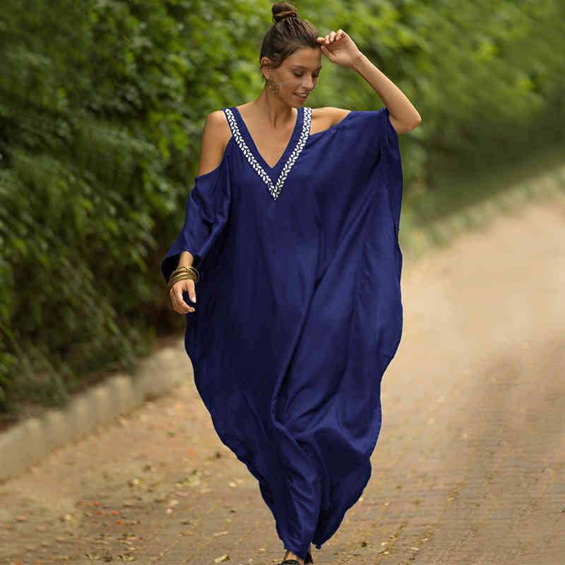 Sexy Cold Shoulder V Neck Bats Sleeve Loose Summer Beach Dress Plus Size Women Beachwear Kaftan Black Cotton Dress Q943 210409