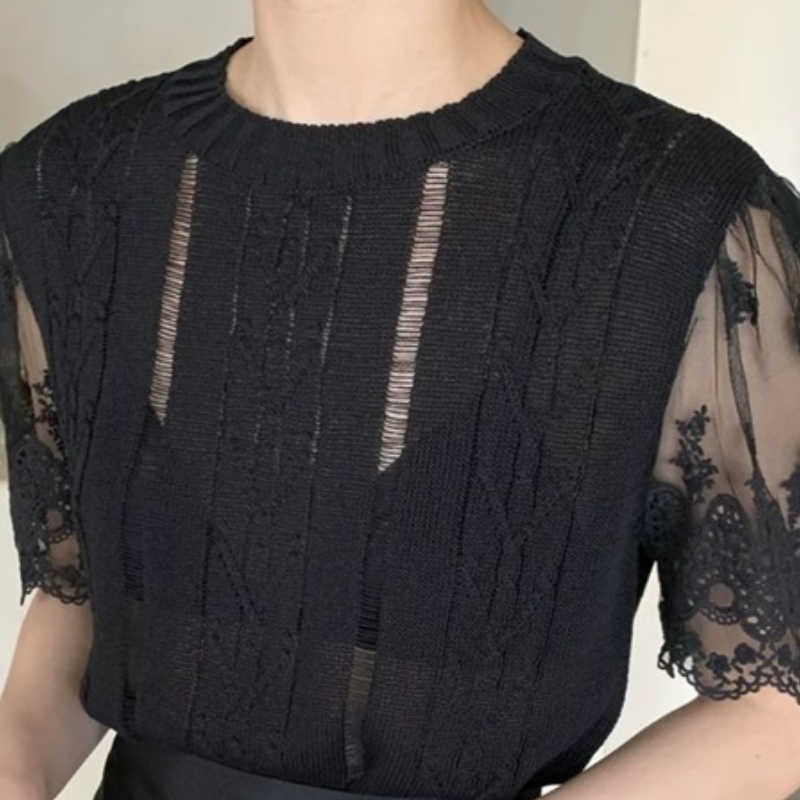 Mesh Lace Short Sleeve Patchwork Knitted Top Causal O-neck Ice Silk Knitwear Women Summer Elegant Jumper 6H150 210603