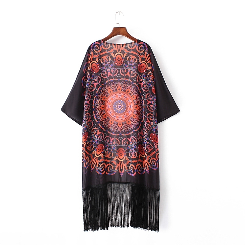 Boho Printed Fringed Chiffon Bathing Suit Cover-ups Plus Size Beach Wear Kimono Dress Tunic Women Summer Swimsuit Cover Up A832 210420