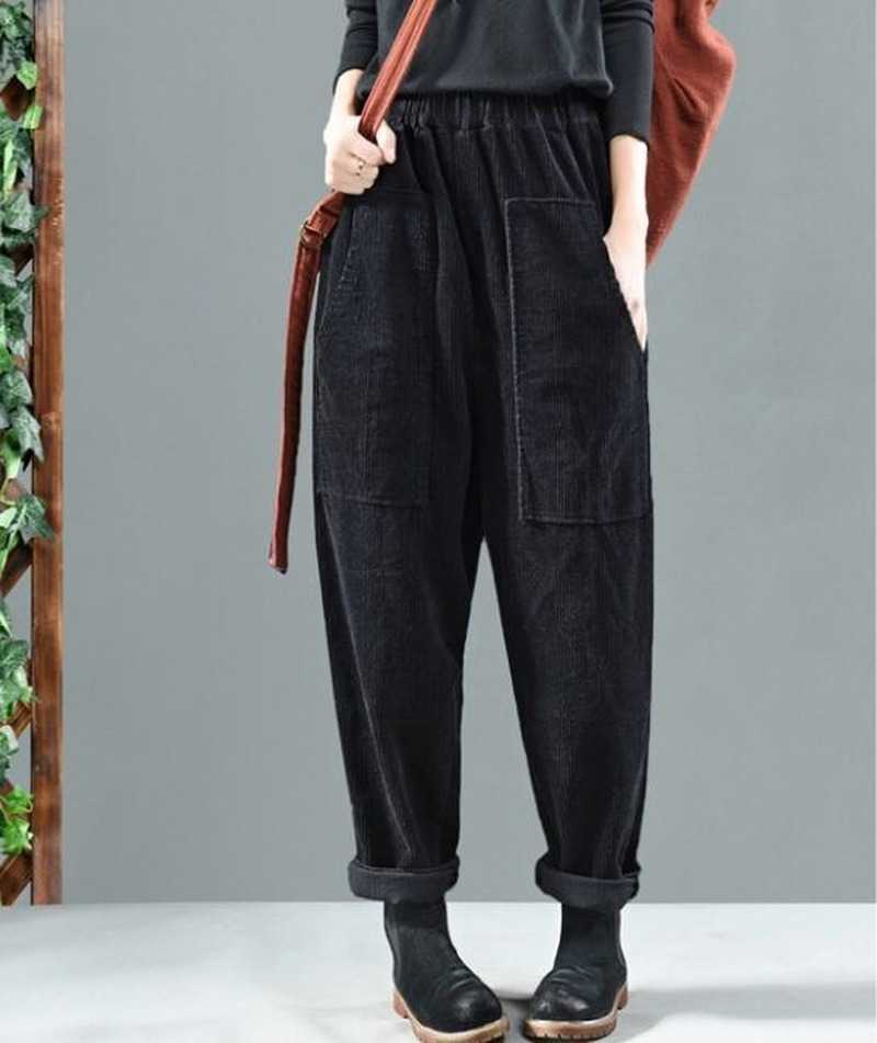 Elegent Harem Pants Women Corduroy Elastic Waist Solid Full Length Pockets High Lady Loose Plus Size 5XL 211115
