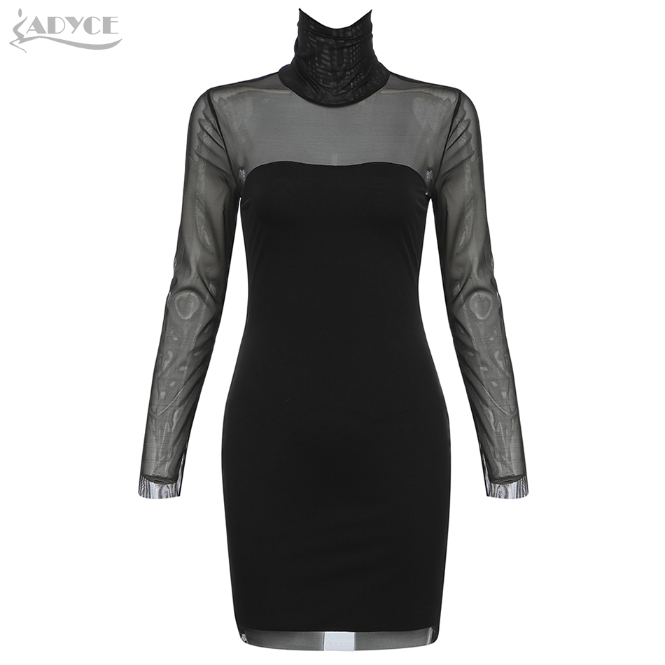 Winter Black Lace Long Sleeve Bodycon Club Dress Women Sexy Turtleneck Mini Celebrity Evening Runway Party 210423
