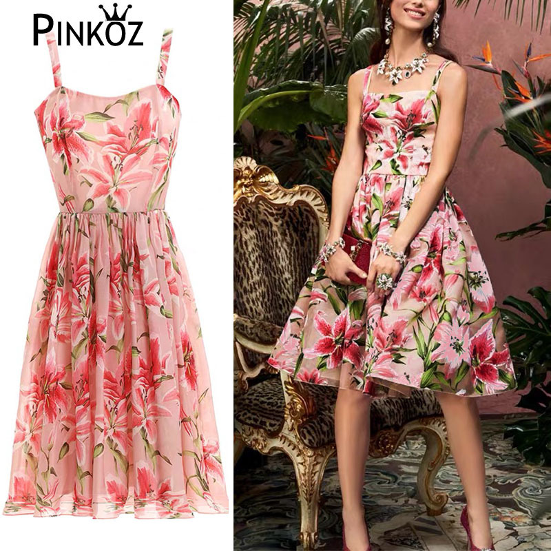 summer sundress for women vintage sweet young pink lily flower printed spaghetti strap A-line party beach dress plus size 210421