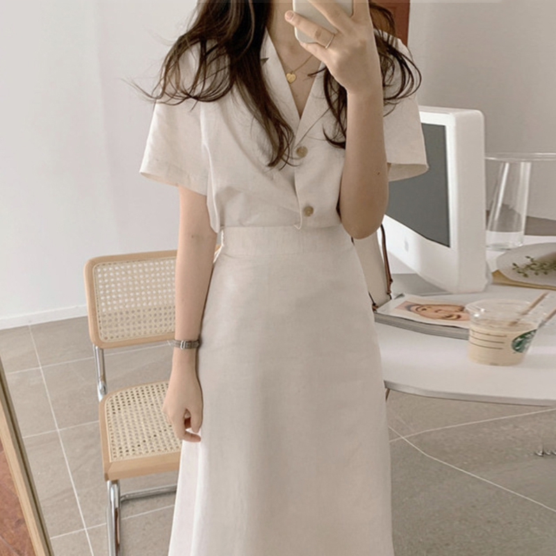 Elegant Temperament Single Breasted Lapel Short Sleeve Blouse Women + Slim High Waist Split Skirt OL Fashion Sets Minimalism 210429