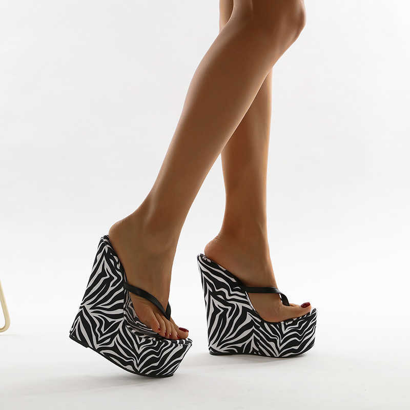 Termainoov Women Slippers High Heels Platform Zebra Wedges Heeled Flip Flops Fashion Dress Shoes Big Size 210928