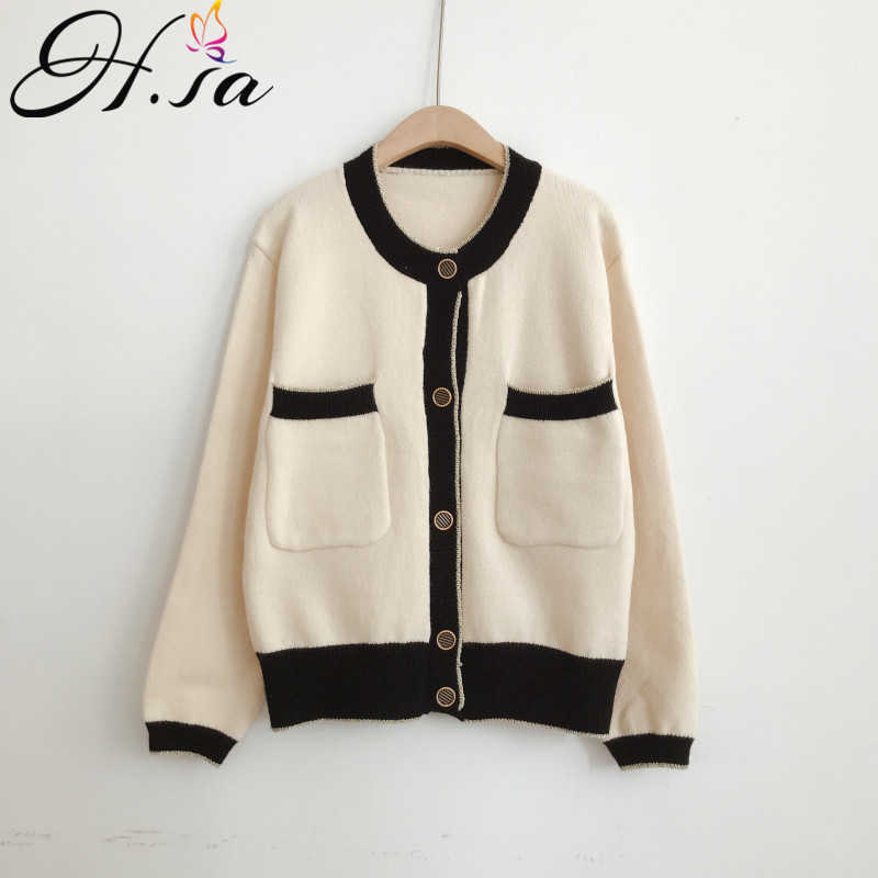 H.SA Fall Fashion Women Winter CLothese Black White Elegant Sweater And Cardigans Long SLeeve Button Up Knit Coat OL Jacket 210716