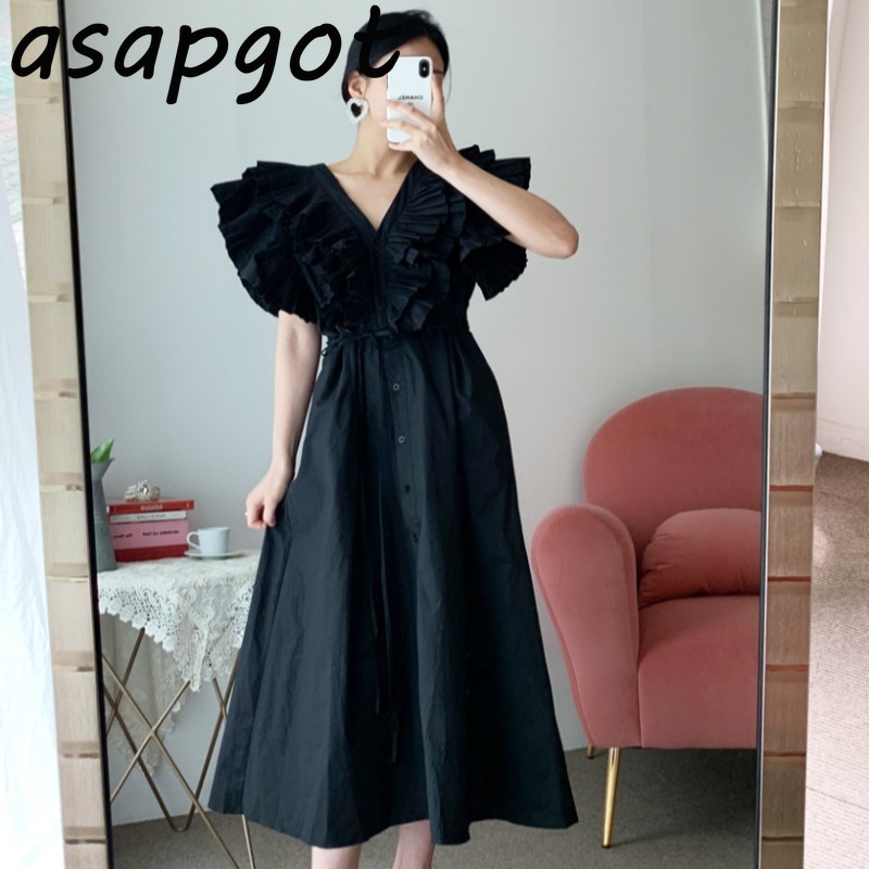 Chic Korean Elegant Sexy White V Neck Ruffles Sleeveless Big Swing Dress Single-breasted Heavy Pleated Lace-up Waist Casual 210429