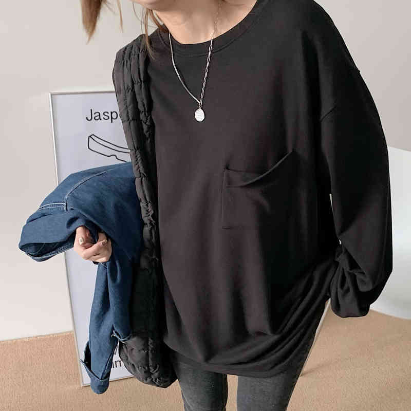 Thicken Warm Korean Loose All Match Tops Full Sleeves Women Streetwear Oversize Chic Minimalist Fashion T-shirt 210421