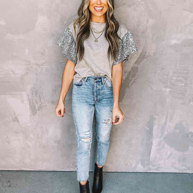 Vintage Sequin Sleeve T-shirt Women Top Patchwork Casual Summer O-Neck Harajuku Shirts Short-sleeve Tops Office Ladies T-shirts 210515