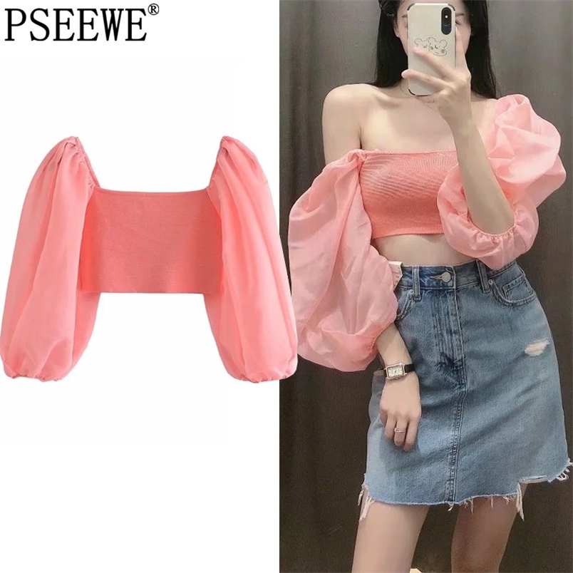 Off Shoulder Top Woman Blouses Pink Organ Patchwork Knitted Summer Women Puff Sleeve White Crop 210519
Off Shoulder Top Woman Blouses Pink Organ Patchwork Knitted Summer Women Puff Sleeve White Crop 210519