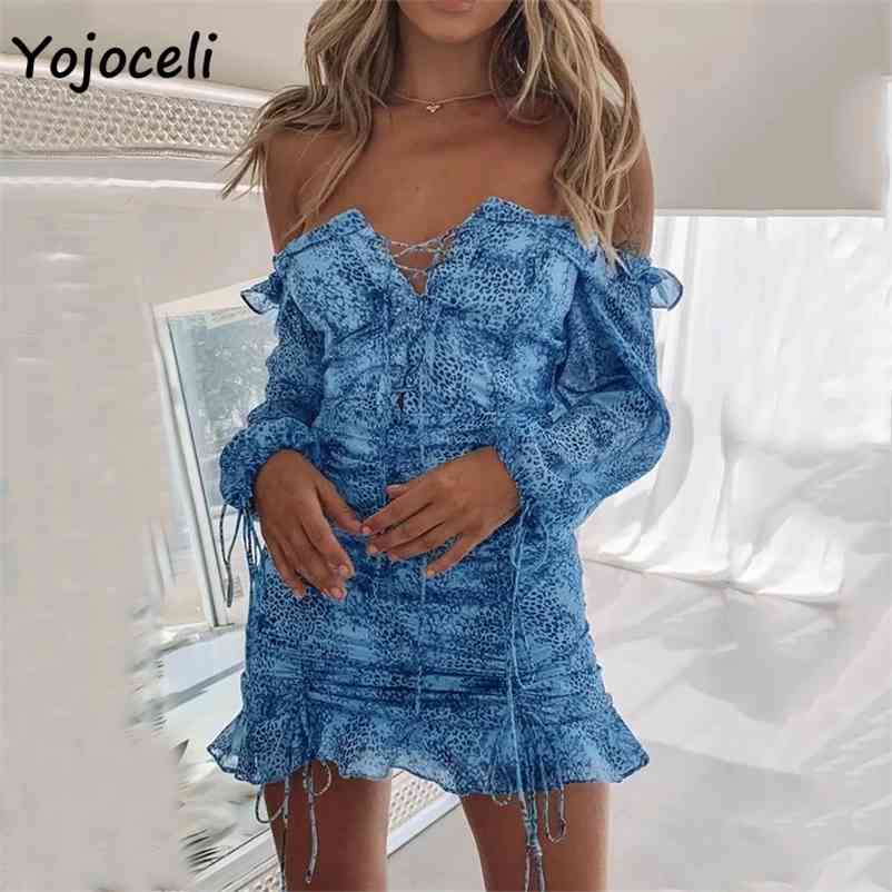 Yojoceli women off shoulder print dress women lace up boho beach party dress bodycon mini dress long sleeve spring 210409