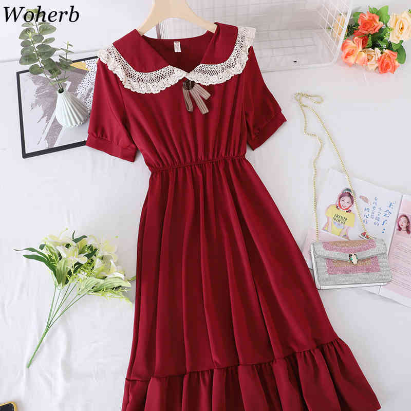 Vintage Elegant Dress Women Peter Pan Collar Lace Patchwork Slim A-line Dresses Korean Sweet Wild Temperament Vestidos 210519