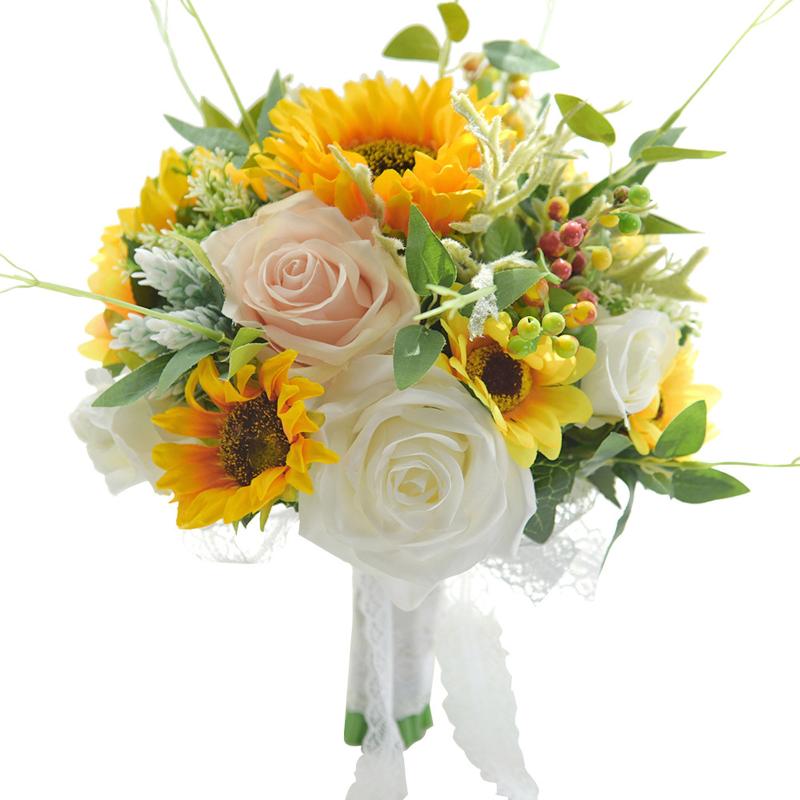 Artificial Sunflower Rose Bouquet Bride Holding Flower Silk Wedding Linen Handmade Simulation Bouquets Home Party Decor Decorative Flowers &