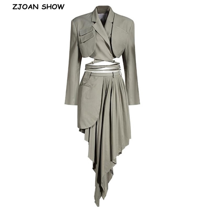 Autumn Sexy Bandage Cross Hollow Out Backless Blazer Patchwork Pleated Asymmetry Skirts Long Sleeve Suits 2 Pieces Set 210429