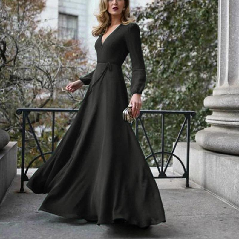 Women Dress V Neck Long Sleeve Maxi es Solid Lace Up Large Swing Vintage Temperament Ladies es Plus Size 210513