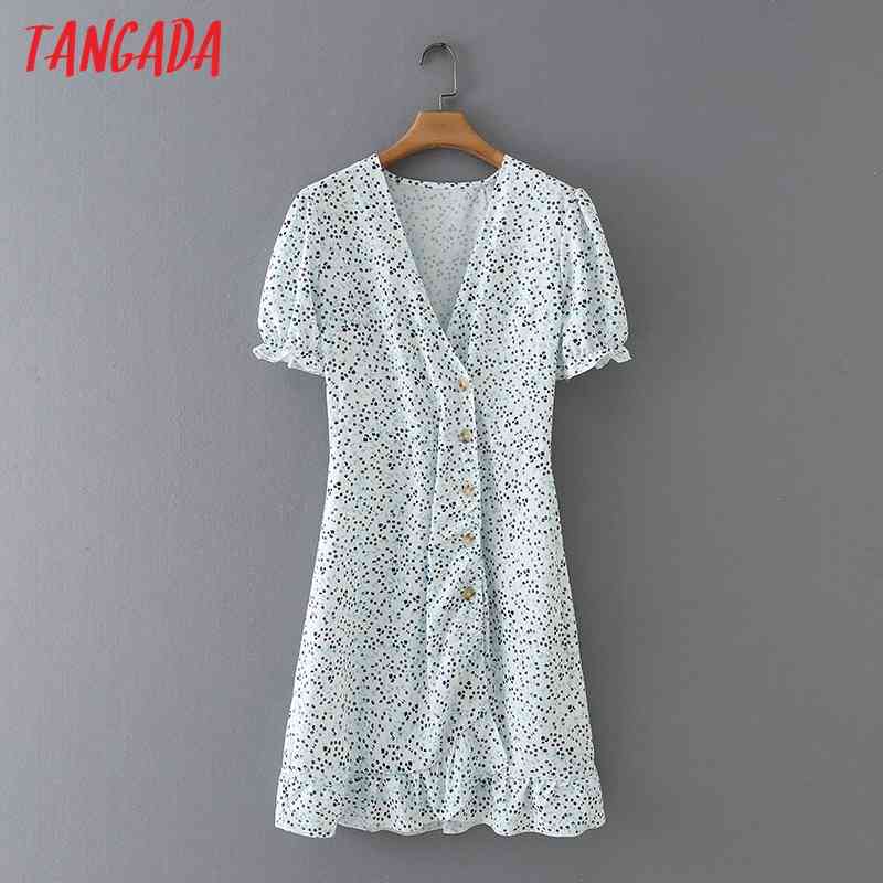 Summer Women Floal Print Side Buttons Ruffles V Neck Short Sleeve Ladies Mini Dress Vestidos 2M143 210416