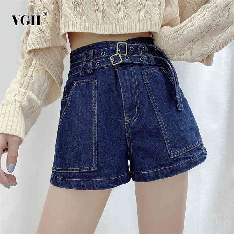 Vintage Blue Denim Short For Women High Waist Patchwork Sashes Pockets Casual Korean Loose Shorts Female Summer Fashion 210531
