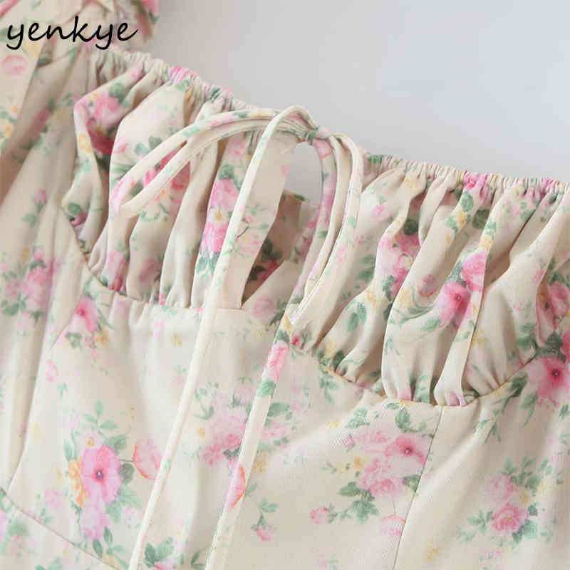 Summer Dress Women Vintage Floral Print Elegant Long Maxi Femme Square Neck Puff Sleeve A-line Sexy Slits Robe 210430