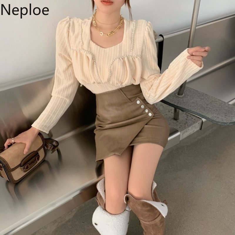 Neploe Sweet Puff Sleeve Knitted Pullovers Fall Woman Clothes Sweaters Square Collar Beading Jumper Tops Pull Femme 4G405 210422