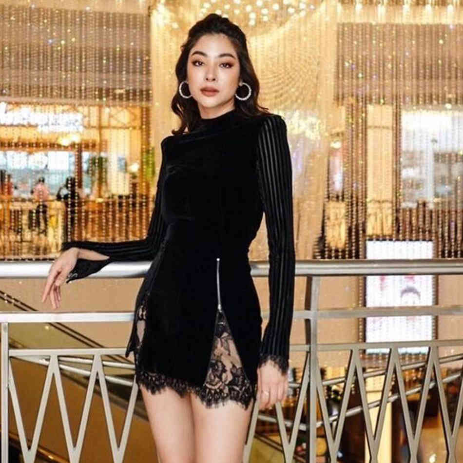 Free Sexy Lace Bandage Dress Long Sleeve Stand Collar Zipper Bodycon Halter Women Nightclub Party 210524