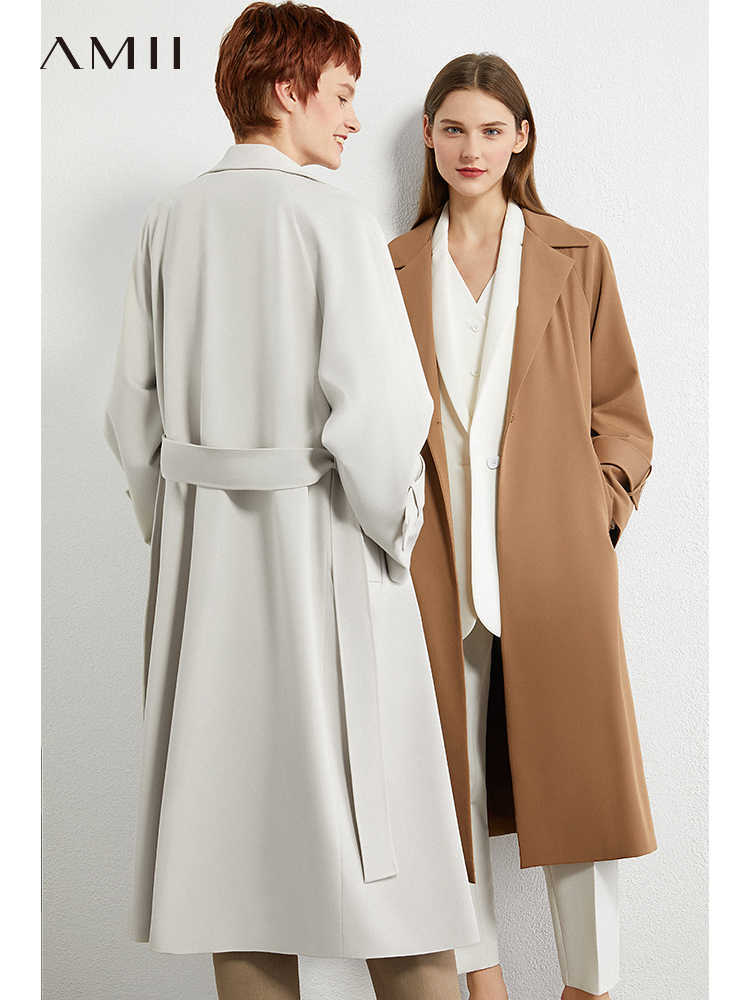 Minimalism Spring Autumn Trench Coat Women Causal Solid Lapel Belt Knee-length Women's Windbreaker Female Jacket 1253 210527