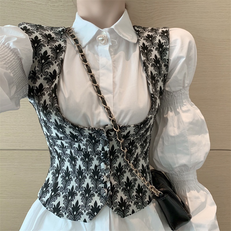 Two Pieces Set Korea Chic Turn Down Collar Puff Long Sleeve White Shirt + single-breasted Vest Sweet Suit Women 210519