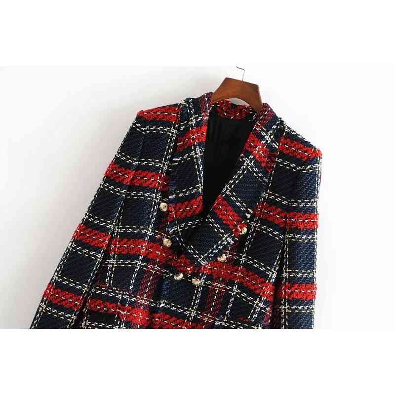 Vintage Women Red Plaid Tweed Blazer Coat Elegant Double Breasted Tassel Suit Jacket Winter Long Sleeve Office Outerwear 210515