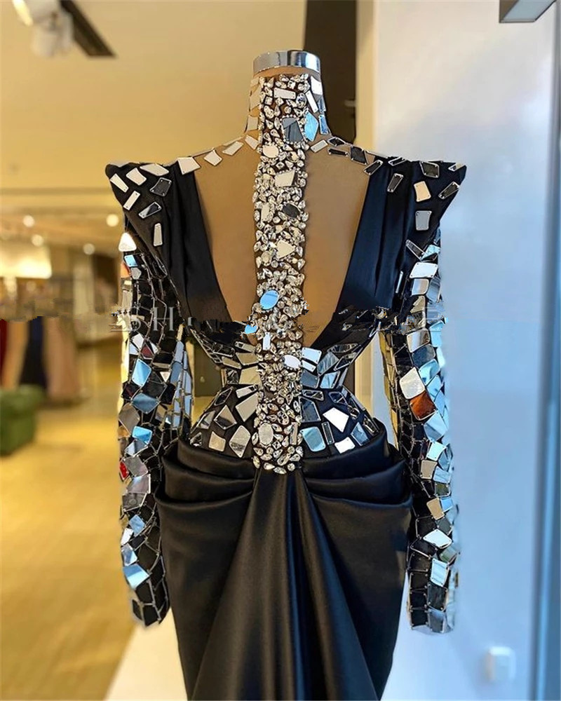 Dubai Black High Neck Crystal Evening Dresses Sparkly Sequins Long Sleeve African Satin Mermaid Formal Prom Party Gowns
