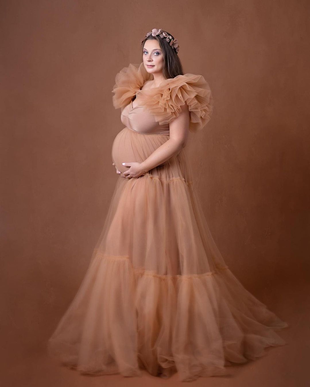 2021 Elegant Champagne Plus Size Pregnant Ladies A Line Sleepwear Dress Ruffle Nightgowns For Photoshoot Lingerie Bathrobe Nightwear Baby Shower