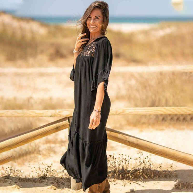 Casual Bikini Cover-ups Black Cotton Tunic Summer Beach Dress Women Plus Size Wear Swim Suit Cover Up Robe de plage Q1157 210420