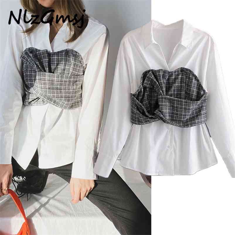 

Blouse Spring Autumn Fashion Turn-down Collar Splicing Single-breasted Long Sleeve Personality Women' Shirt 210628, As picture