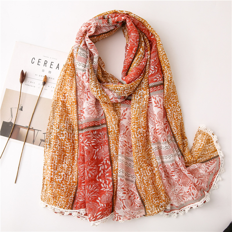 spring and summer womens cotton and linen scarf sequined cashew flower lace ethnic style literary forest female shawl