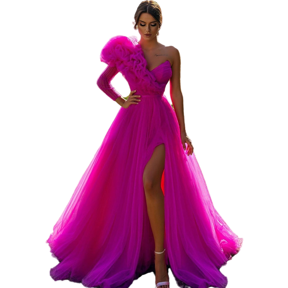Fuchsia Long Sleeve Evening Dresses One Shoulder Ruffles Tulle Women A Line Prom Gowns High Side Slit Formal Special Occasion Dress 2022