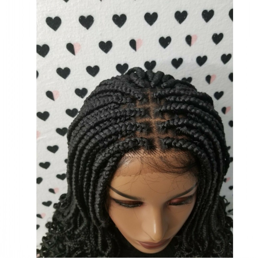200 Density Short Box Braids Wig With Curly Tips Handmade Synthetic Braided Lace Front Wigs For American Black Women