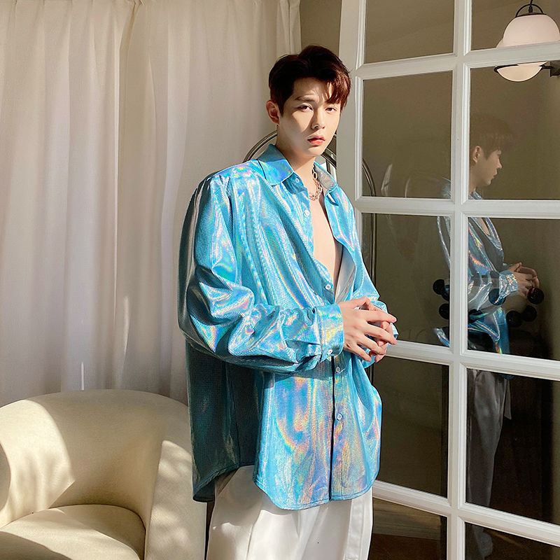 IEFB Spring Clothing Oversized Long Sleeve Korean Streetwear Men's Shirt Lapel Shiny Fabric Trend Tops Blue Clothes 9Y5776 210524