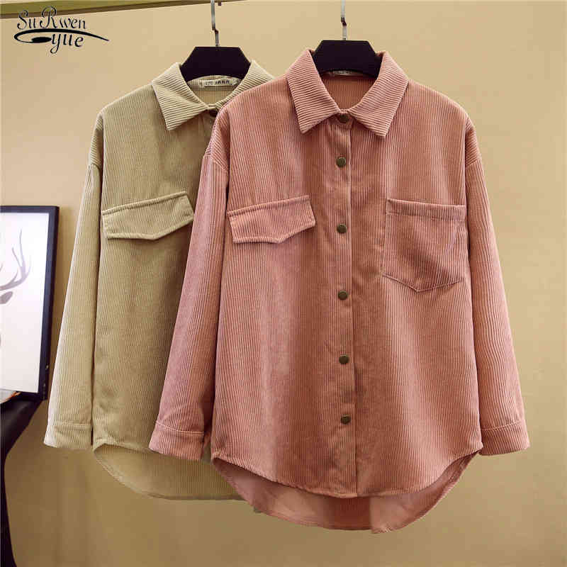 Women Solid Corduroy Long Sleeve Vintage Blouse Casual Loose Tops Button Cardigan Shirts Feminina Blusa 10890 210508