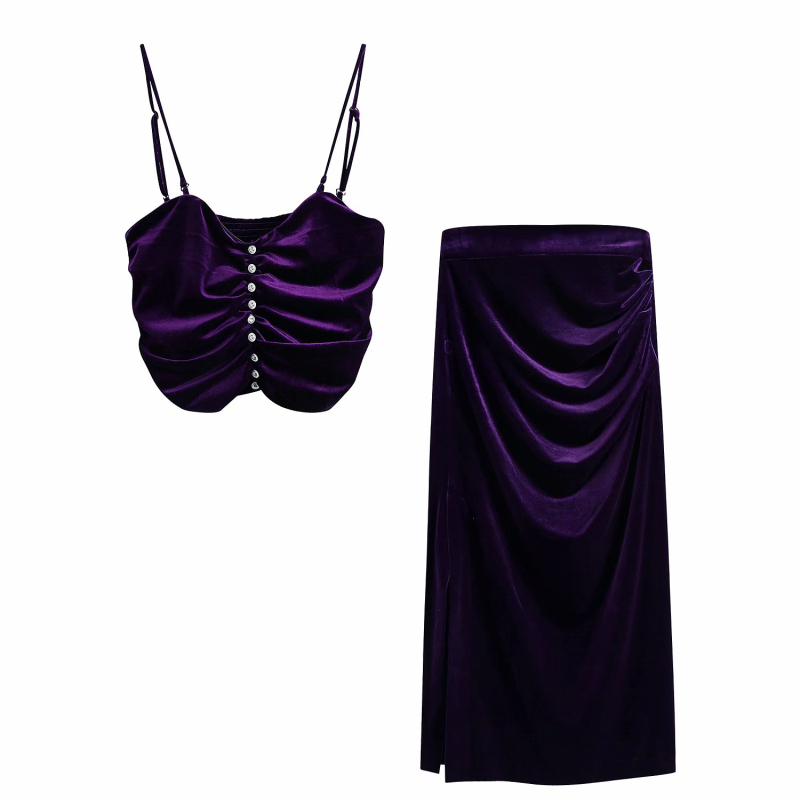 Sexy Woman Purple Spaghetti Strap Velvet Short Tops Spring Fashion Ladies Pleated Camisole Female Diamond Button Top 210515