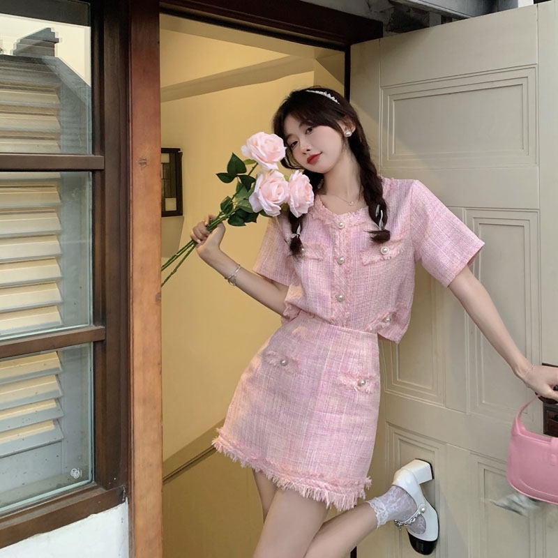 High Quality Korean Elegant Fashion Skirt Suits Tweed 2 Piece Set Women Short Sleeve Jacket Coat Waist Two Outfits 210520
