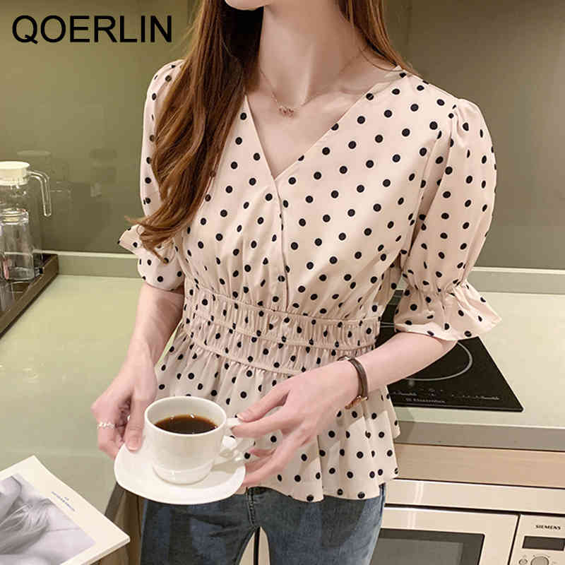 QOERLIN Vintage Polka Dot Blouse Women Summer Korean V Neck Short Sleeve Shirt Female Plus Size Flare Sleeve Top Shirts 210412