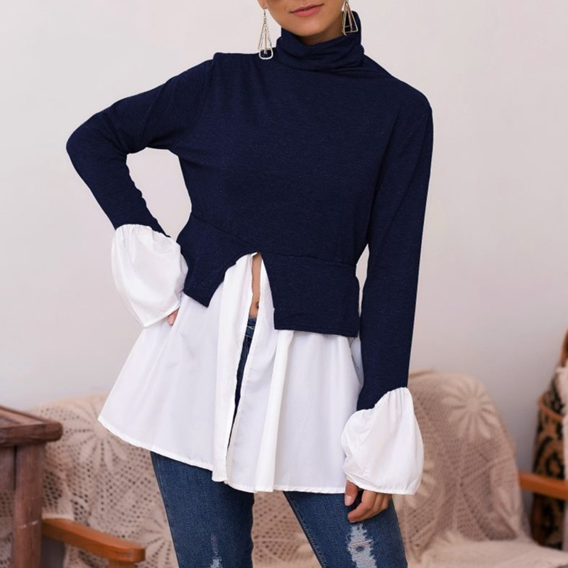 VGH Splicing Pleated Sweater For Women Turtleneck Flare Sleeve Casual Knitting Pullovers Female Fashion New Clothing Autumn 210421