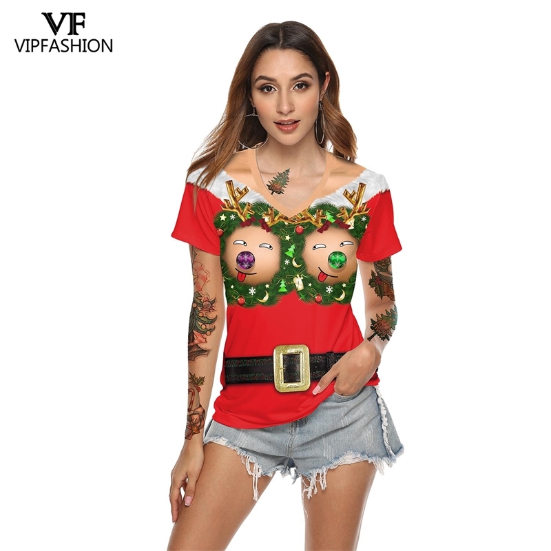 VIP FASHION Harajuku Summer Woman Funny Christmas Printed T-Shirts Women V-Neck Short Sleeve Casual 3D Party Top Tee Shirt 210406