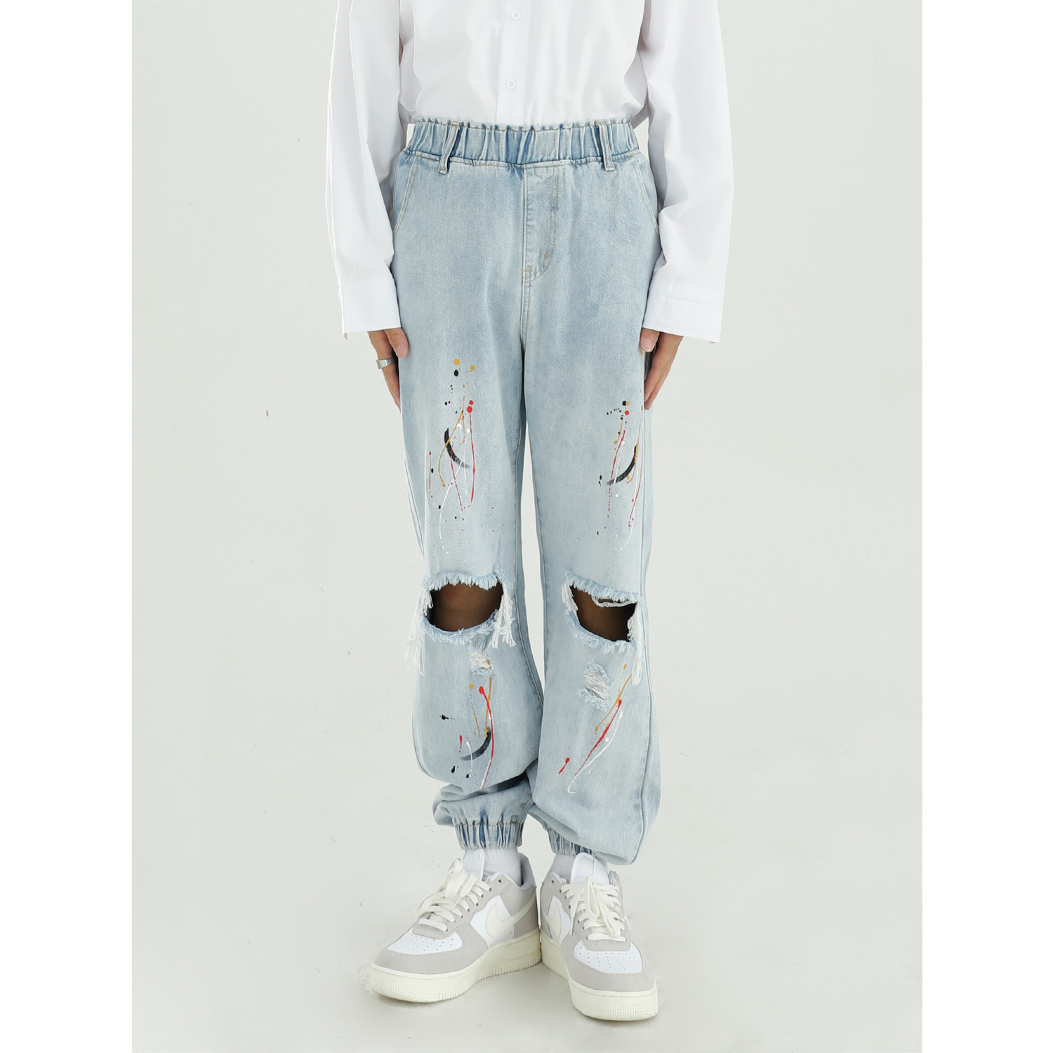 Male Streetwear Hip Hop Vintage Fashion Loose Jeans Trousers Men Elastic Waist Paint Knee Hole Casual Denim Pant, Blue
Male Streetwear Hip Hop Vintage Fashion Loose Jeans Trousers Men Elastic Waist Paint Knee Hole Casual Denim Pant, Blue