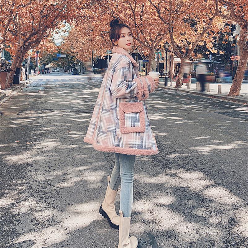 Women's Fur & Faux Winter Coat Women Casual Short Jacket Female Warm Turn-down Collar Teddy Long Sleeve Pink Plaid Outerwear Ladies Y413